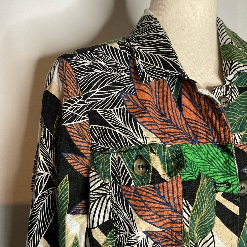 Cynthia Rowley Green Safari Leaf Linen Blend Lightweight Button Collared Jacket